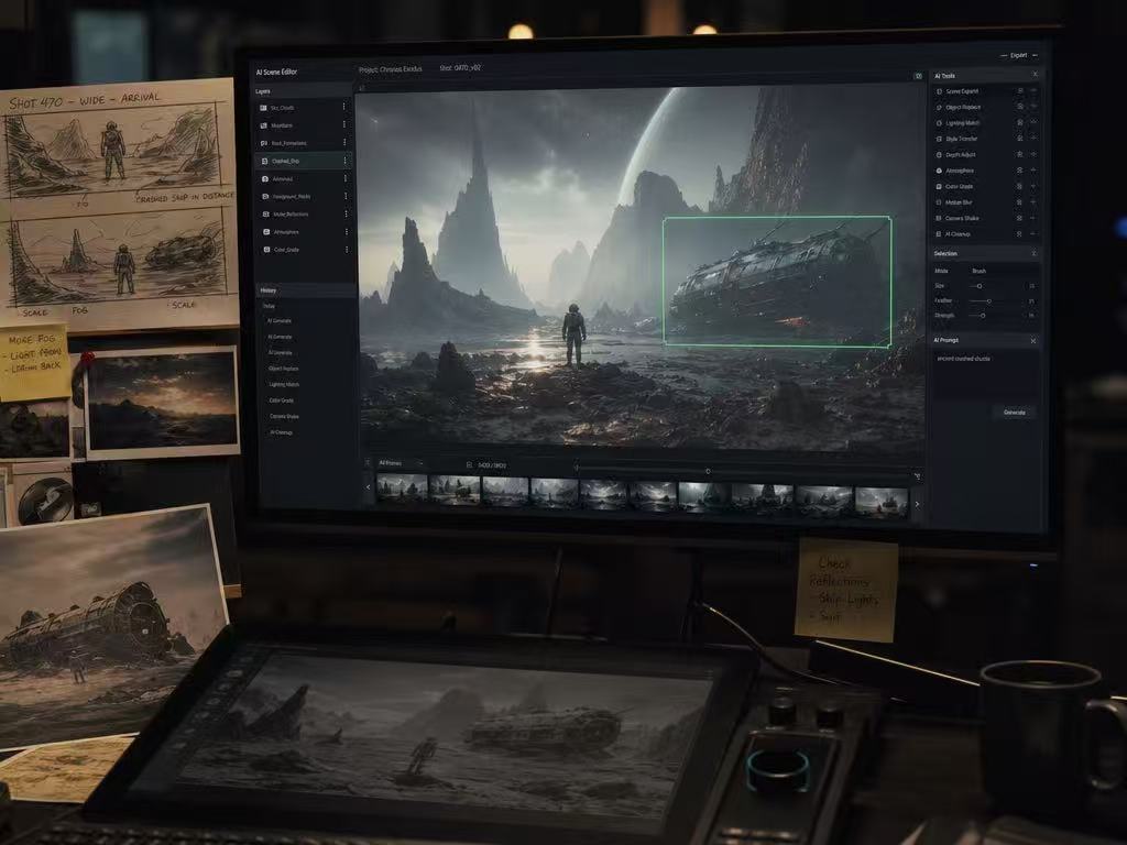 Scene re-lit with dramatic cinematic lighting to show creative control